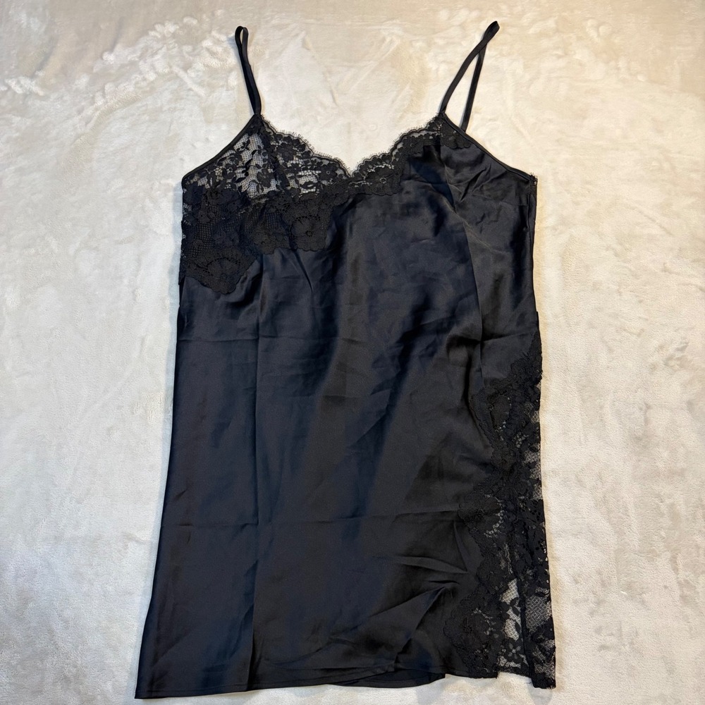Victoria's Secret Black Satin Lace Trim Slip Dress Chemise NWT Large